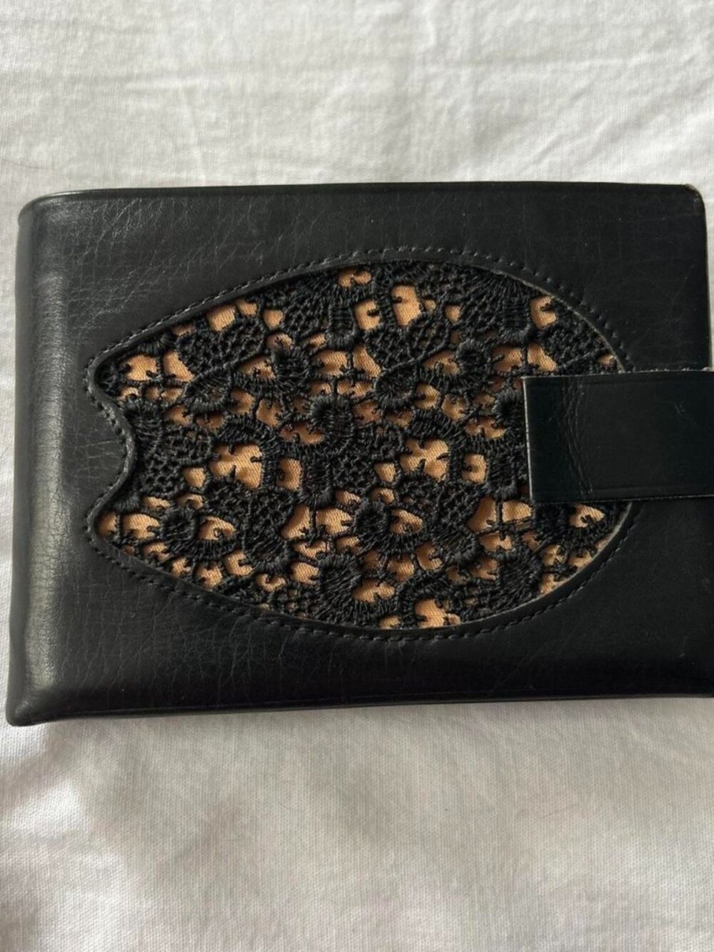 Vintage Buxton Black Leather Card Holder with Lace Detailing